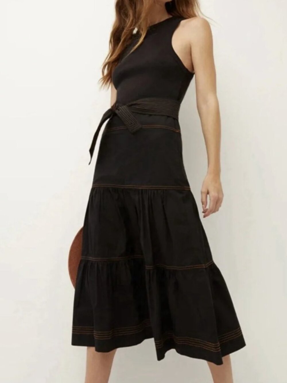 Veronica Beard Austyn Midi Dress, Ribbed Tank Upper, Tiered Skirt - Womens Large